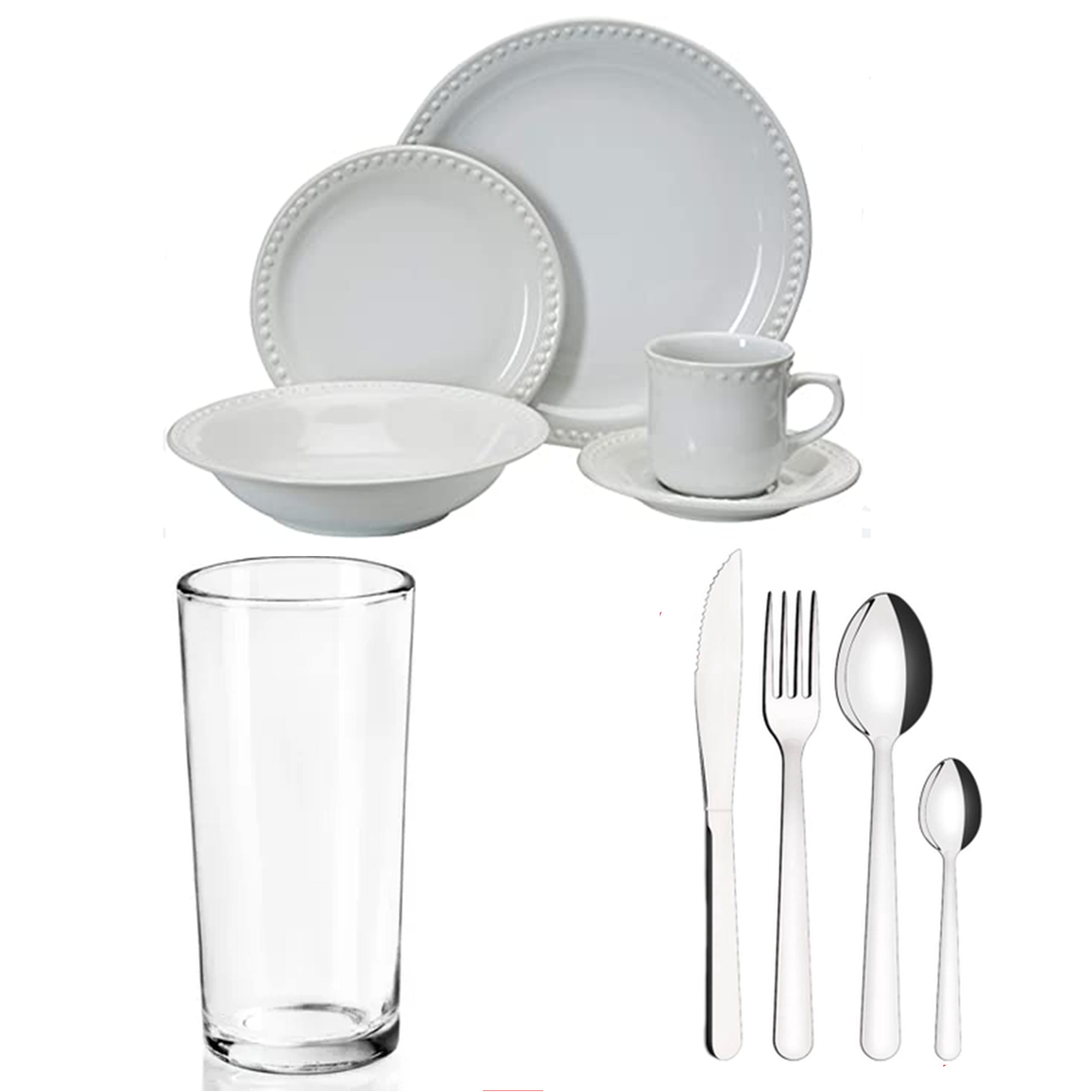 Paquete de Vajilla Modelo Basic para 100 personas, Vaso Jaibolero o vaso Cubero grueso y Cubiertos