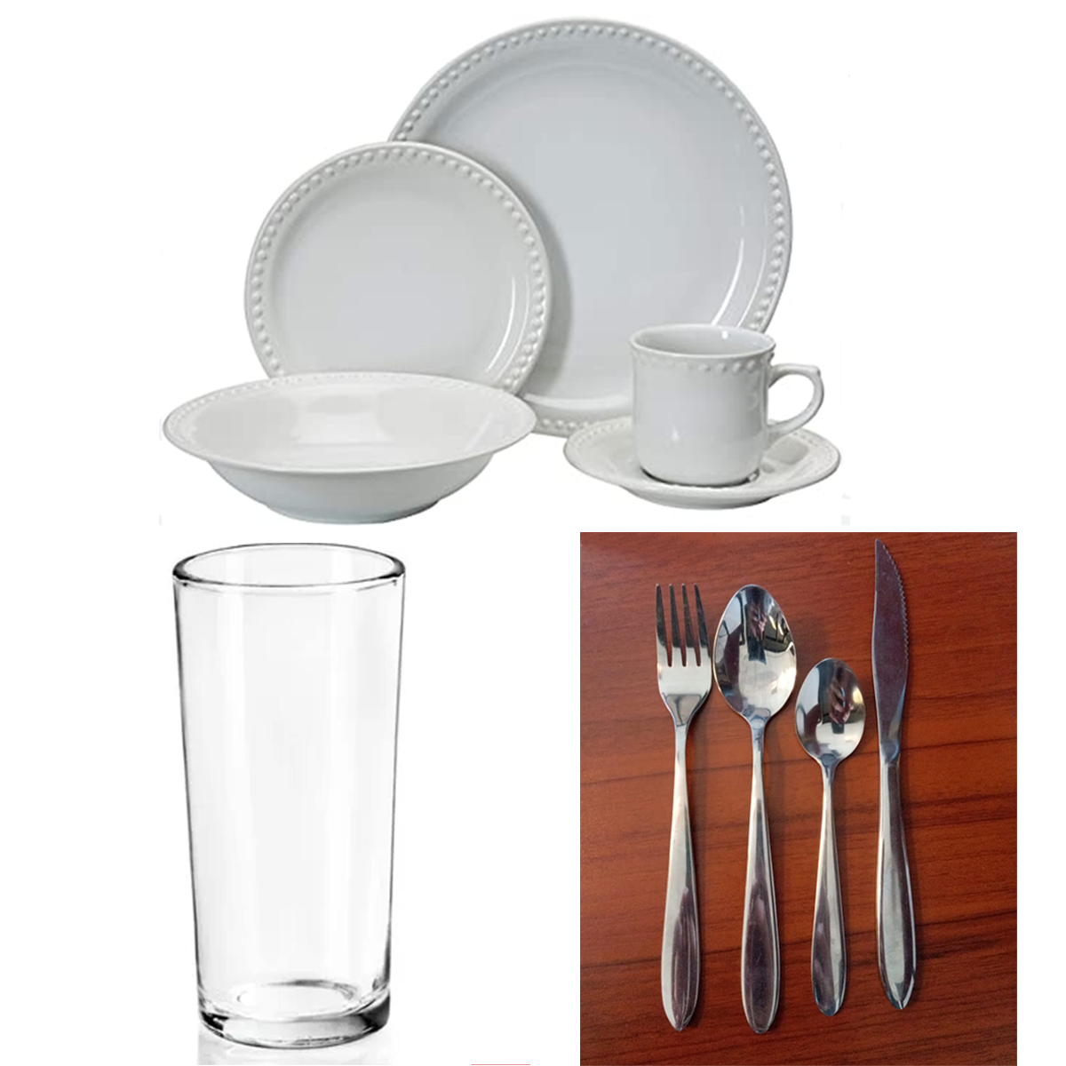 Paquete de Vajilla Modelo Basic para 100 personas, Vaso Jaibolero o vaso Cubero grueso y Cubiertos