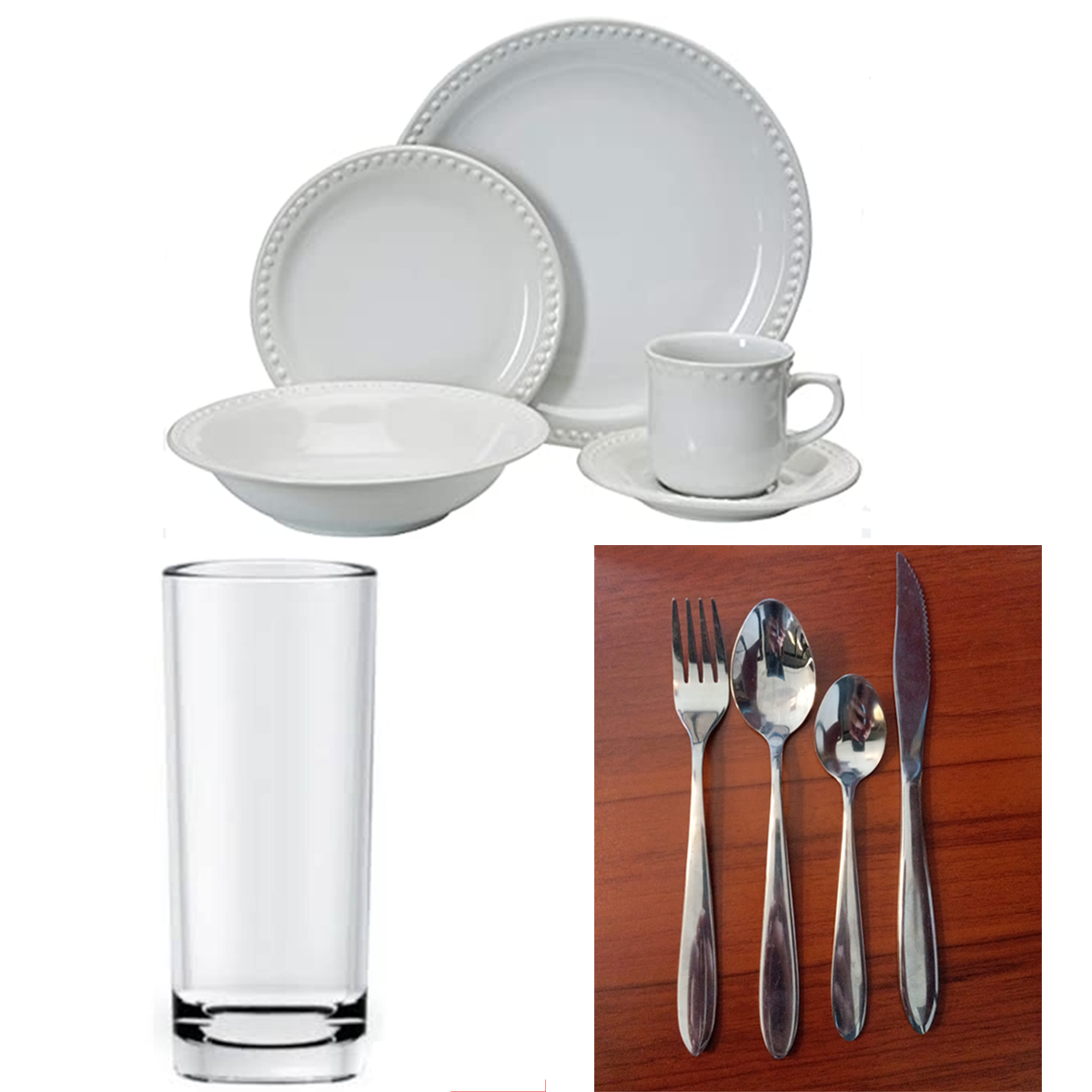 Paquete de Vajilla Modelo Basic para 100 personas, Vaso Jaibolero o vaso Cubero grueso y Cubiertos