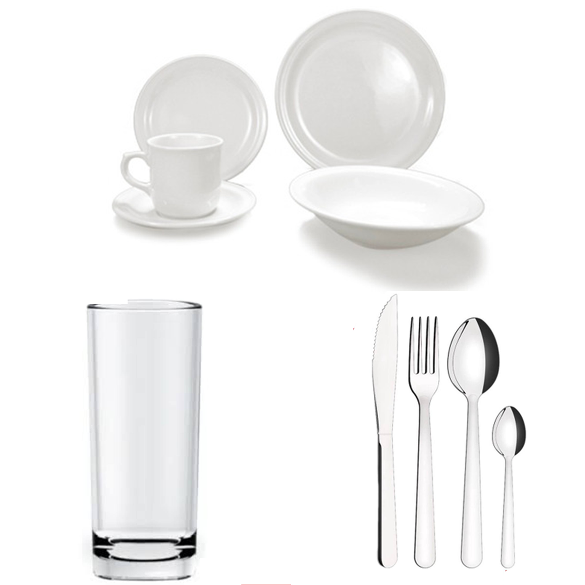 Paquete de Vajilla Modelo Basic para 100 personas, Vaso Jaibolero o vaso Cubero grueso y Cubiertos