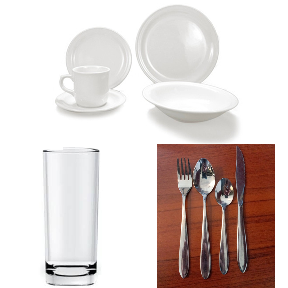 Paquete de Vajilla Modelo Basic para 100 personas, Vaso Jaibolero o vaso Cubero grueso y Cubiertos