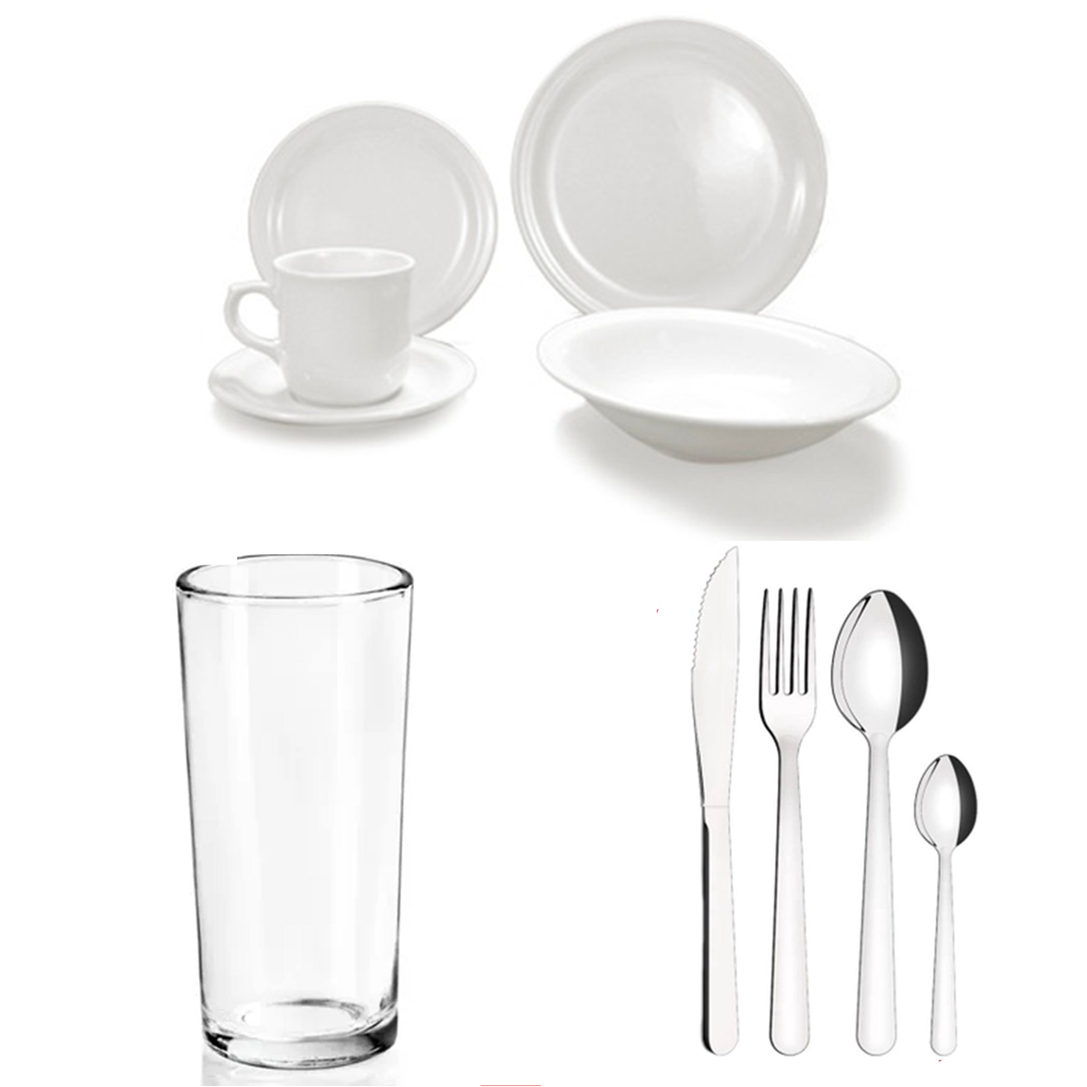 Paquete de Vajilla Modelo Basic para 100 personas, Vaso Jaibolero o vaso Cubero grueso y Cubiertos