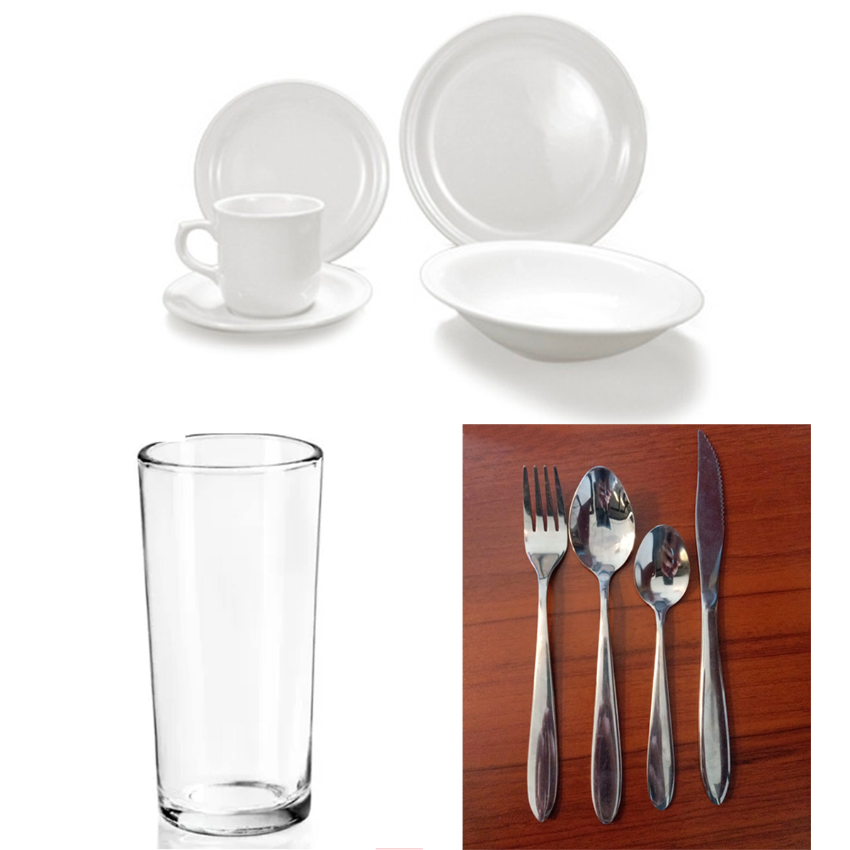 Paquete de Vajilla Modelo Basic para 100 personas, Vaso Jaibolero o vaso Cubero grueso y Cubiertos