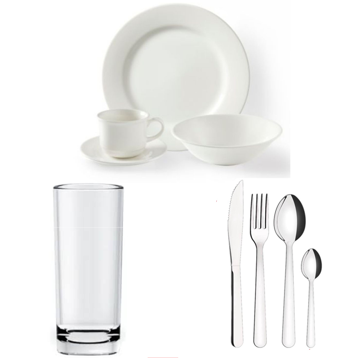 Paquete de Vajilla Modelo Basic para 100 personas, Vaso Jaibolero o vaso Cubero grueso y Cubiertos