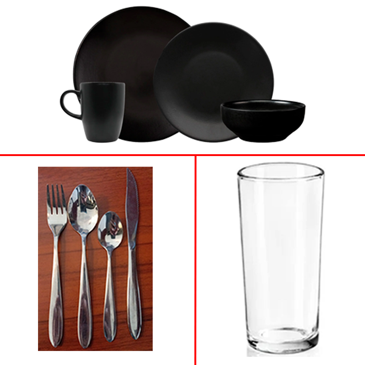 Juego para 25 personas de Vajilla Negra, Cubierto y Vaso Jaibolero o Cubero