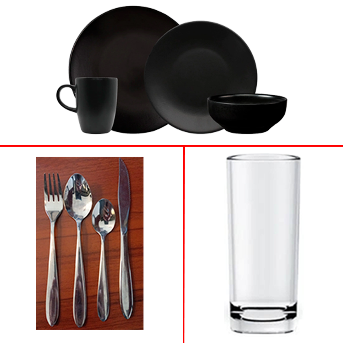 Juego para 25 personas de Vajilla Negra, Cubierto y Vaso Jaibolero o Cubero