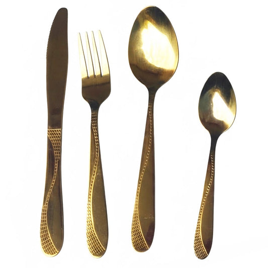 Italia | 24 Juegos de Cubiertos Dorados con Textura (Set de 96 Piezas) | Grado Profesional HORECA
