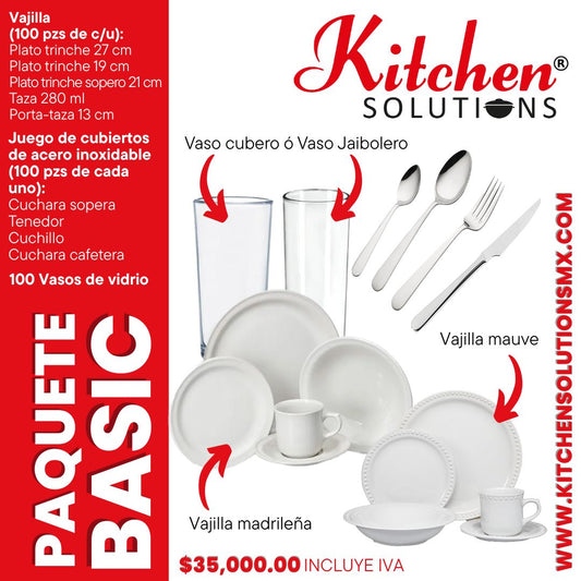 Paquete de Vajilla Modelo Basic para 100 personas, Vaso Jaibolero o vaso Cubero grueso y Cubiertos