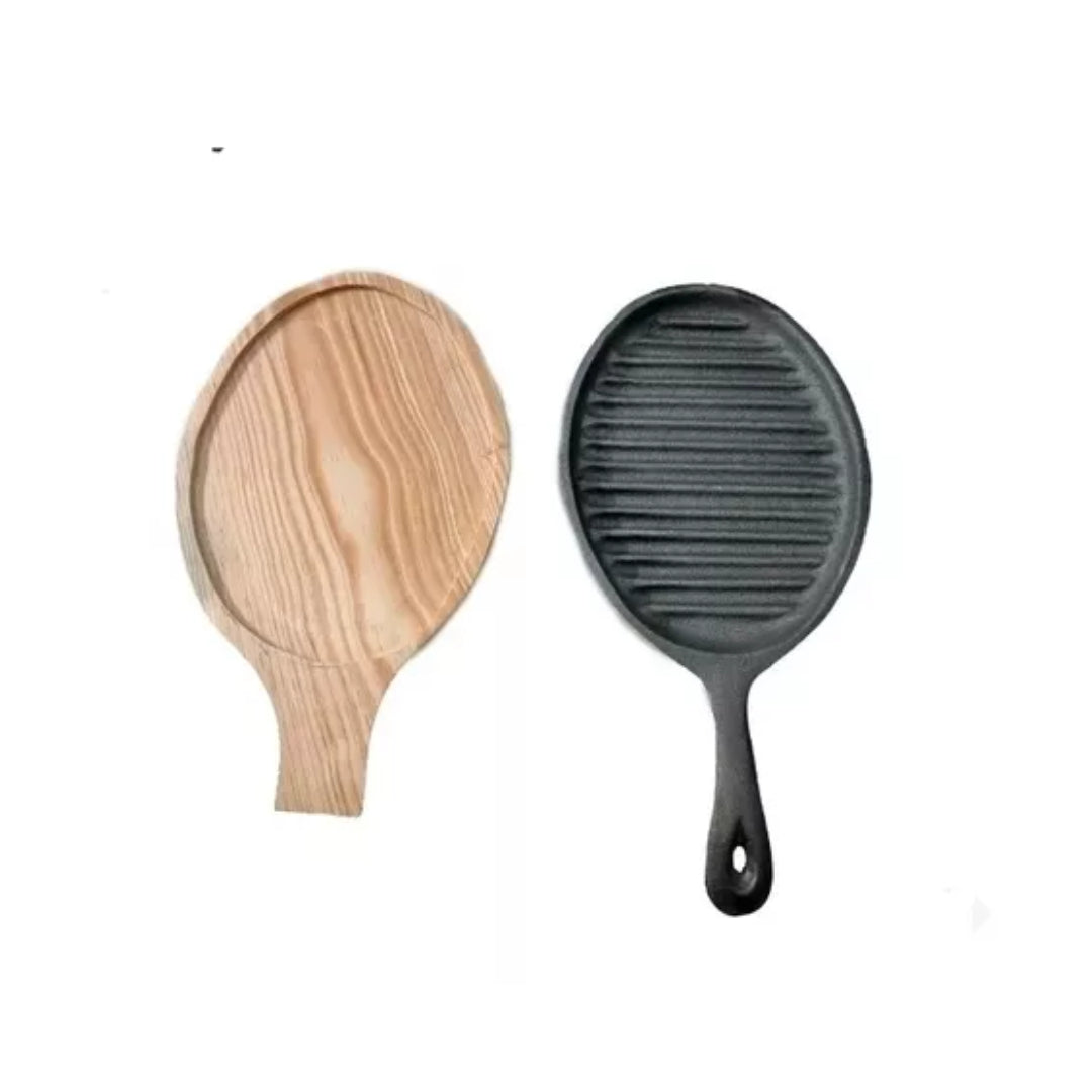 Plato Ovalado Grill Con Base Madera De Hierro Fundido