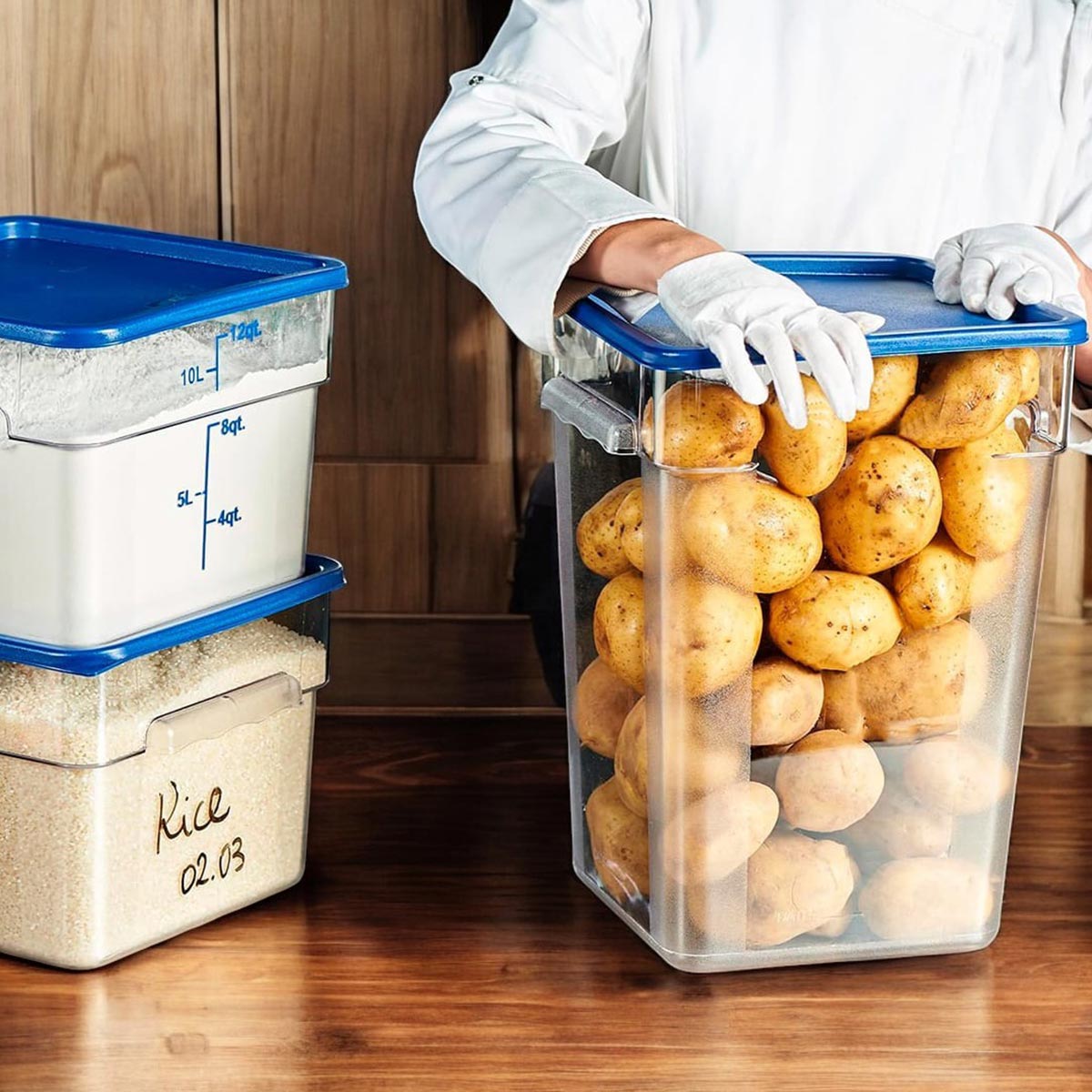 Paquete de 3 Contenedores de Policarbonato Cuadrados con Tapa Azul de 22 Litros | Grado Profesional HORECA