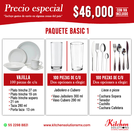 Basic 1 | Paquete de Vajilla para 100 Personas | Grado Profesional HORECA