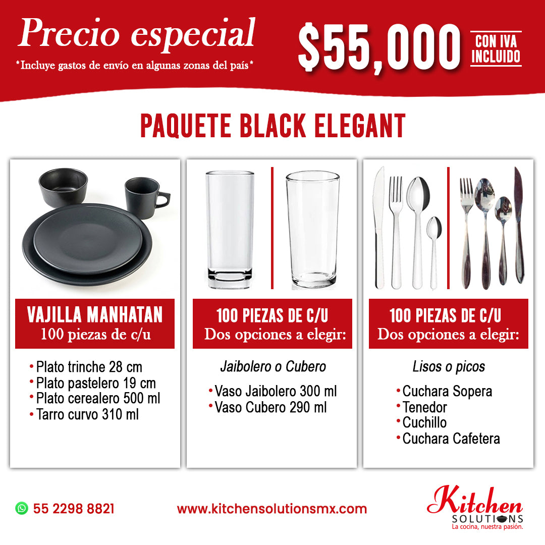 Black Elegant | Paquete de Vajilla para 100 Personas | Grado Profesional HORECA