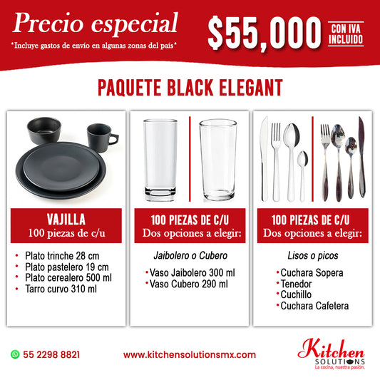 Black Elegant | Paquete de Vajilla para 100 Personas | Grado Profesional HORECA