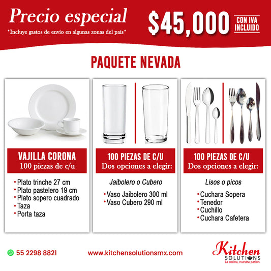 Nevada | Paquete de Vajilla para 100 Personas | Grado Profesional HORECA