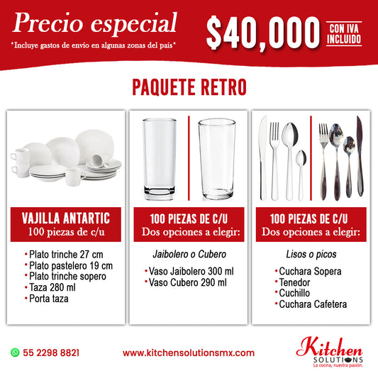 Retro | Paquete de Vajilla para 100 Personas | Grado Profesional HORECA