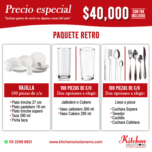 Retro | Paquete de Vajilla para 100 Personas | Grado Profesional HORECA
